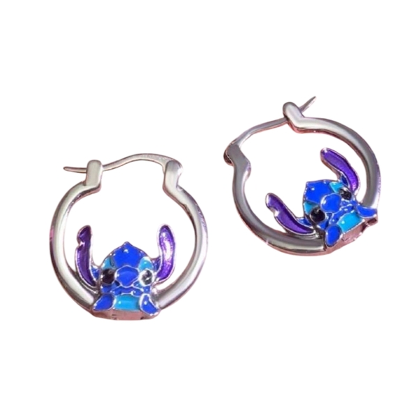 Silver and Blue Hoop Earrings with Character Design - Picture 2 of 3